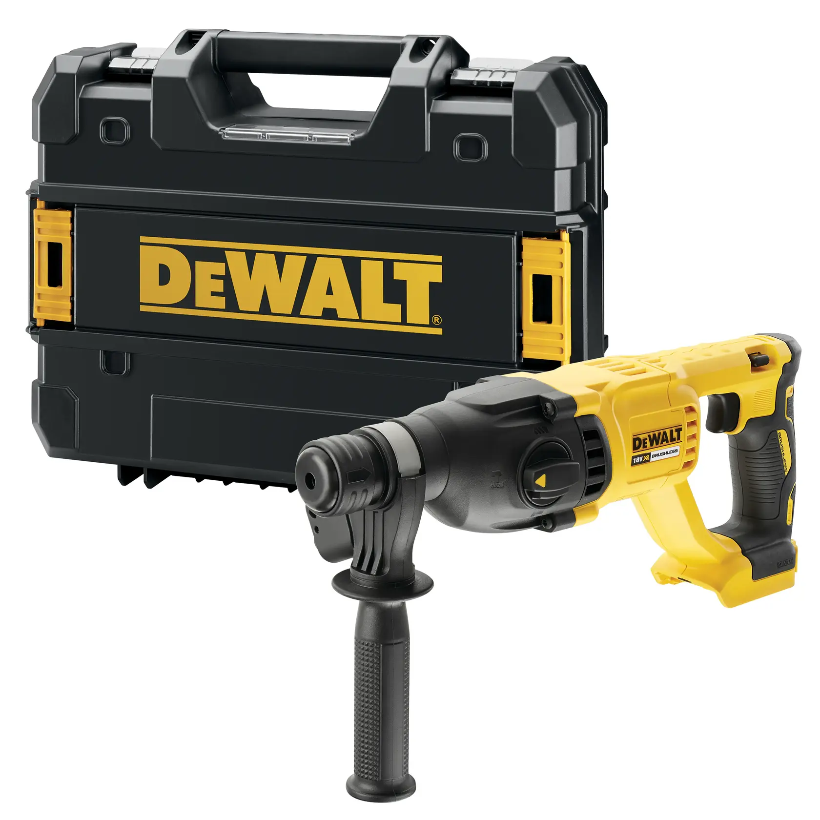 DEWALT DCH133NT cordless rotary hammer drill with side handle and black carrying case, front angle.