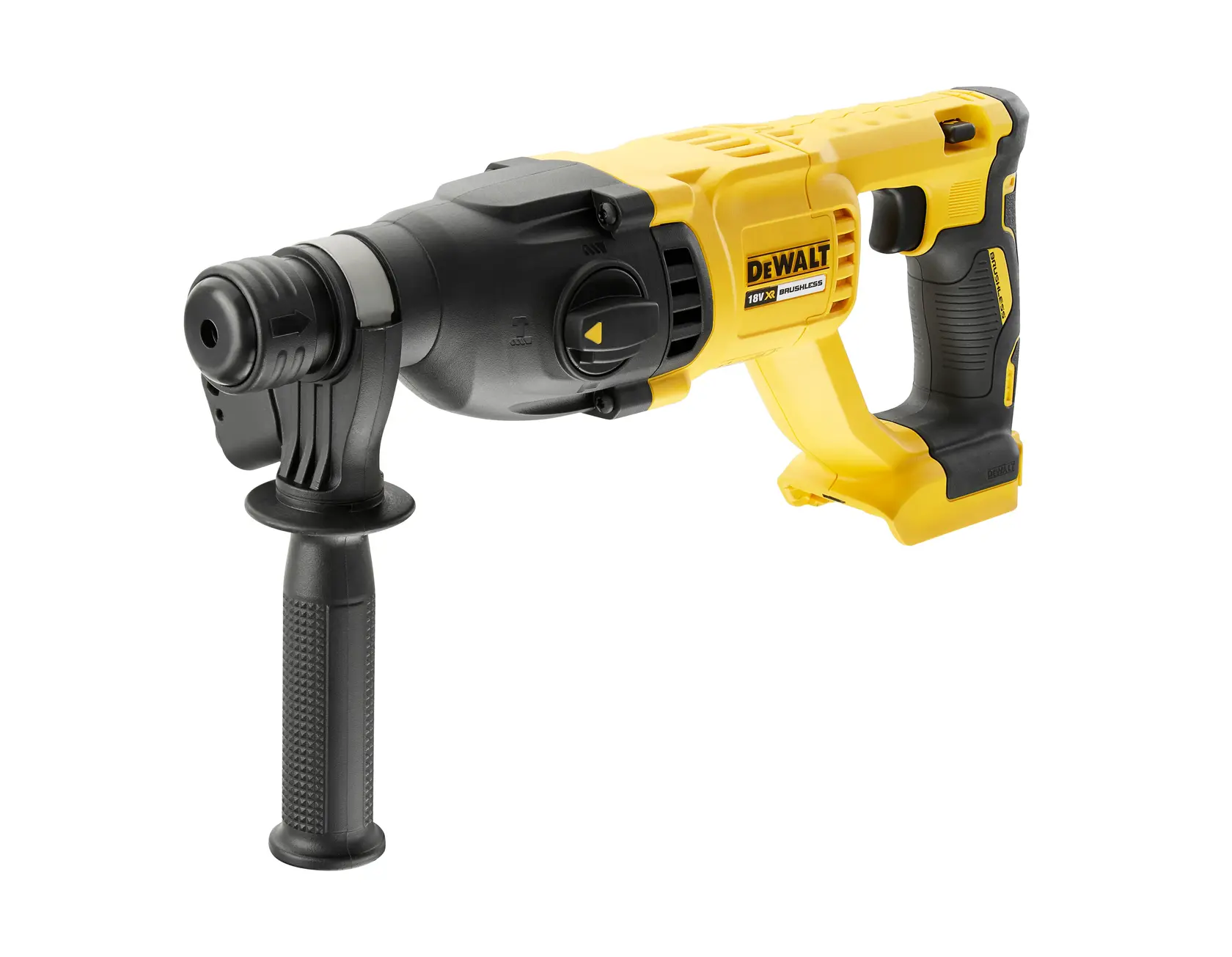 Photo of DEWALT DCH133N yellow cordless rotary hammer drill with side handle, front angle, on white background.