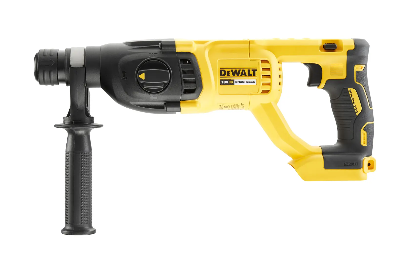 Photo of DEWALT DCH133N yellow and black rotary hammer drill, side angle, ergonomic handle, white background.
