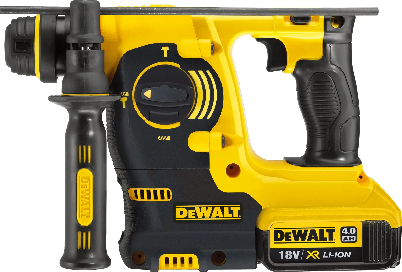 Photo of DEWALT rotary hammer tool, yellow and black, SKUs DCH253M2, DCH253M2-QW, side angle on white.
