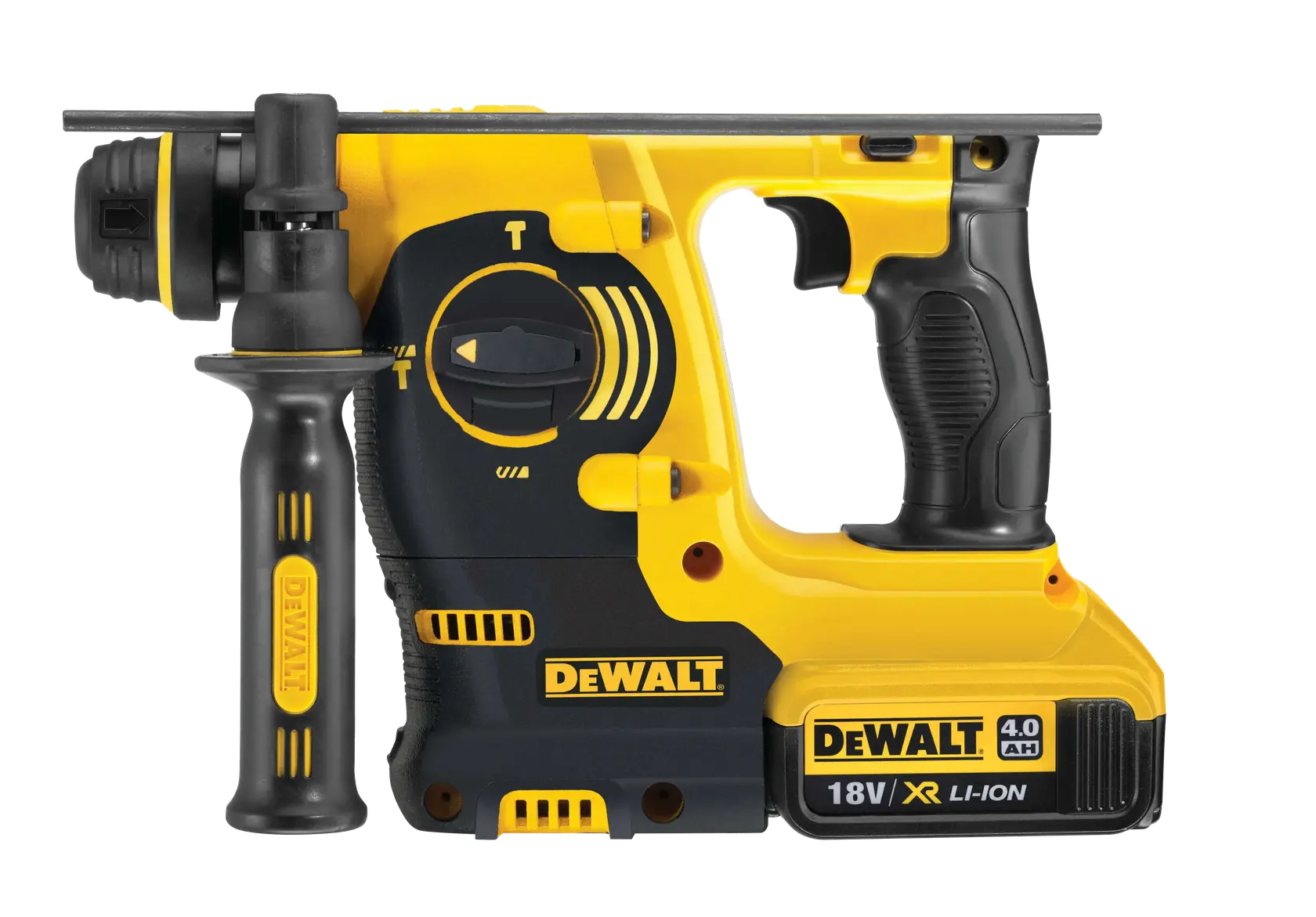 Photo of DEWALT cordless rotary hammer, yellow/black, SKUs DCH253M2, DCH253M2-QW, white background, side view.