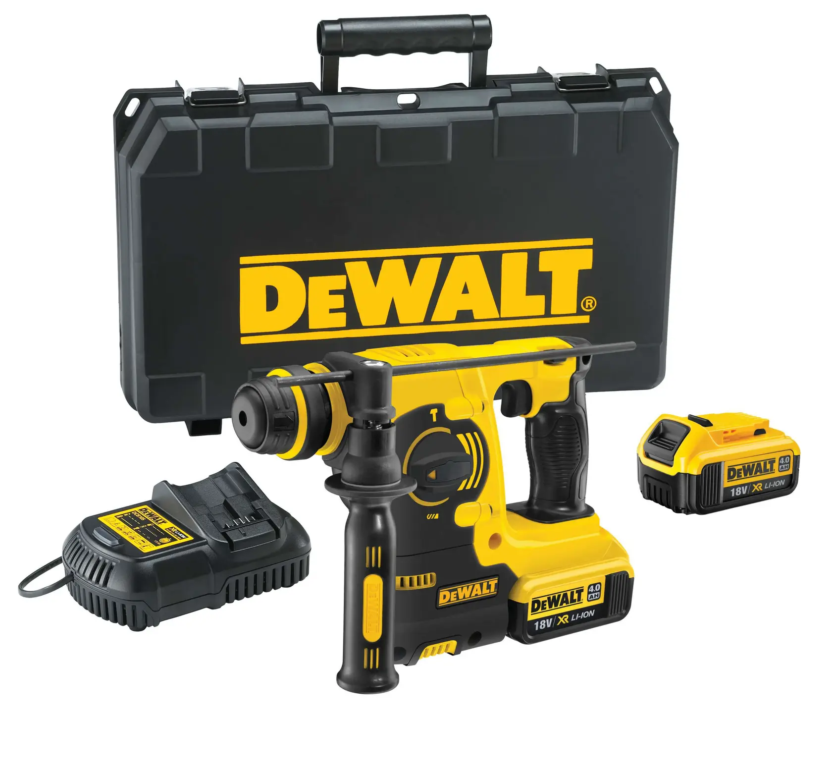 Photo of DEWALT cordless rotary hammer with charger, 2 batteries, case, SKUs DCH253M2, DCH253M2-QW.