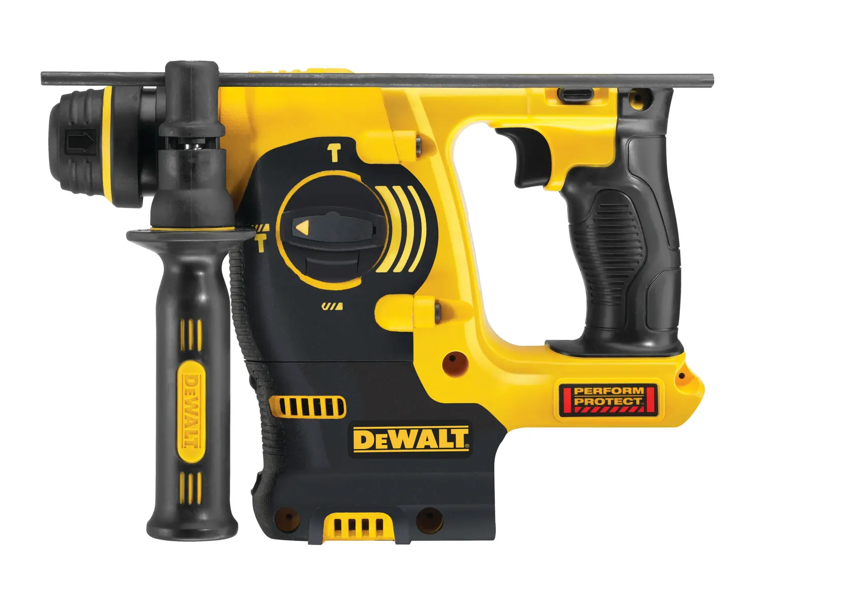 A DEWALT cordless rotary hammer drill in yellow and black color with a side handle and mode selector, shown from the side.