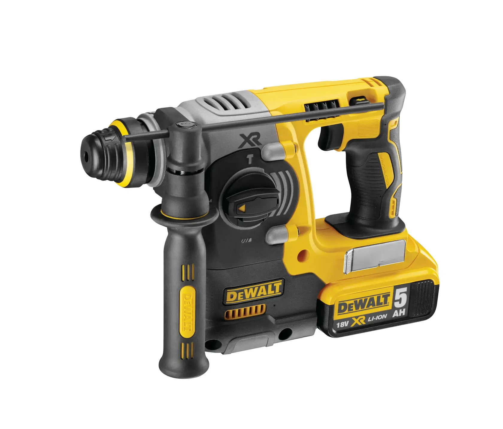 DEWALT DCH273P2T cordless rotary hammer drill, yellow and black, 18V XR Li-Ion with side handle and 5Ah battery.