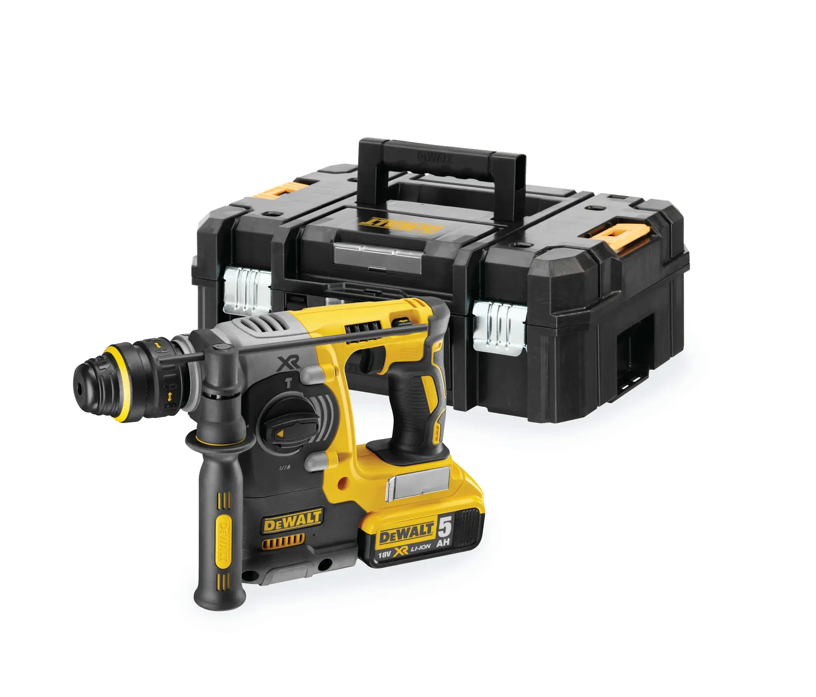 DEWALT cordless rotary hammer drill with battery and carrying case, shown on a white background.