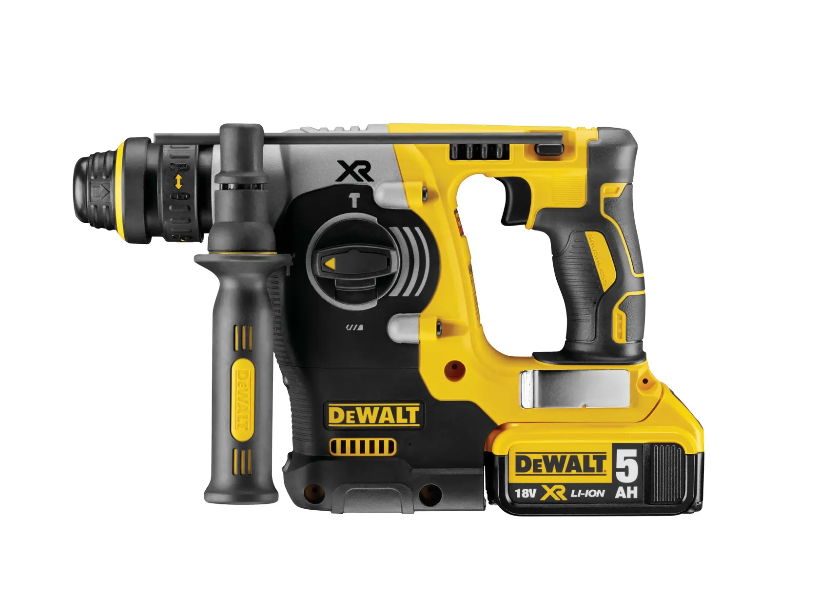 DEWALT cordless rotary hammer drill, yellow and black, 18V XR Li-Ion battery, side handle, model DCH274P2T.