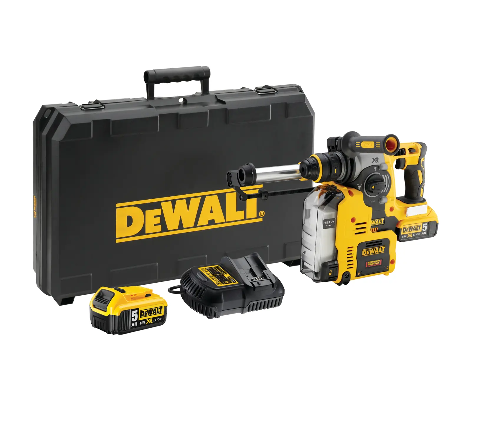 DEWALT cordless rotary hammer kit with battery, charger and case shown.