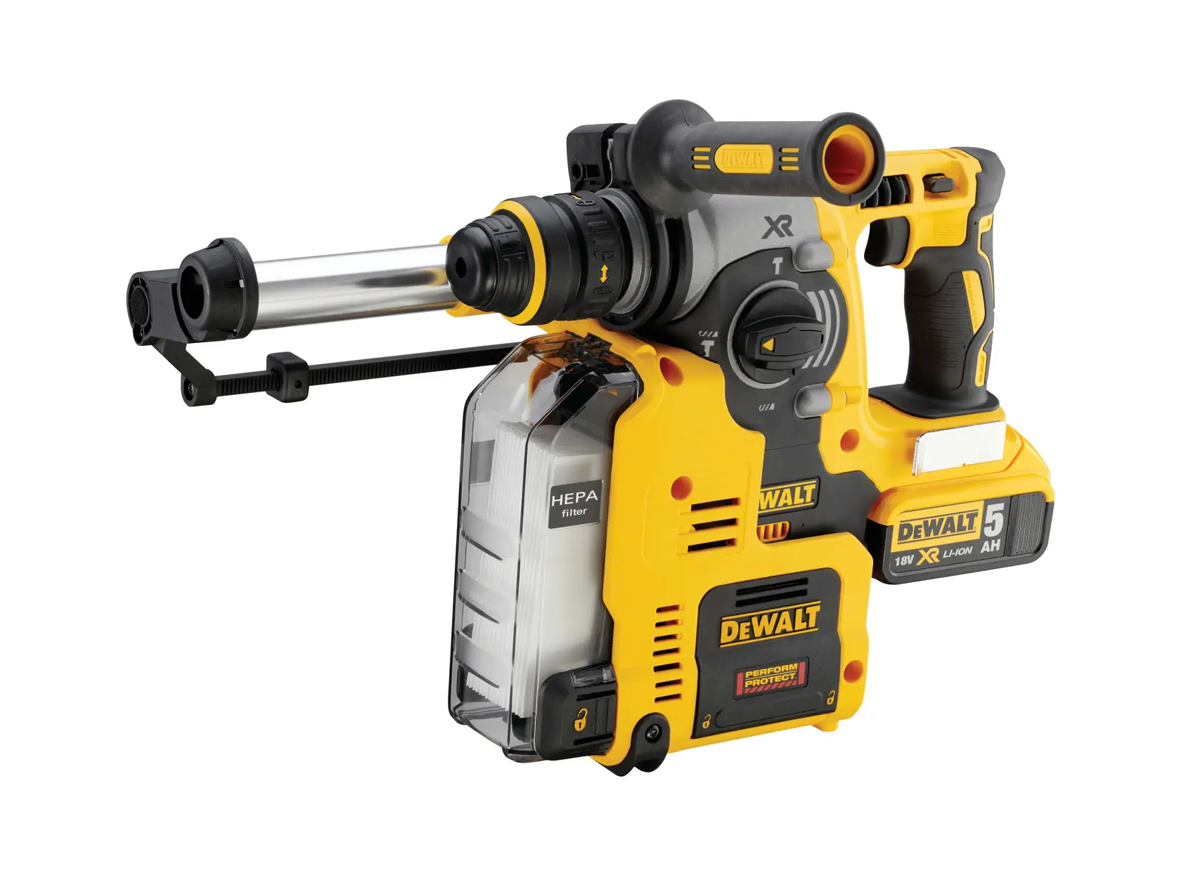 DEWALT cordless rotary hammer drill with HEPA filter, 18V XR Li-Ion, side handle and battery pack, yellow-black.