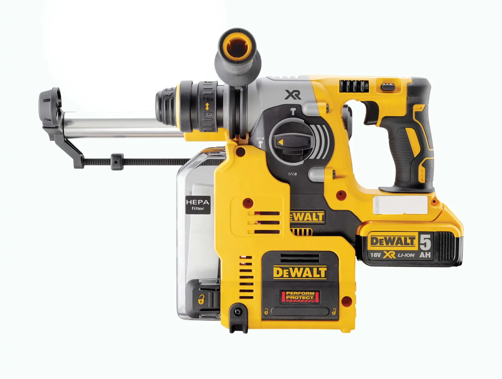 DEWALT DCH275P2 cordless hammer drill with HEPA filter, yellow and black, 18V XR Li-Ion battery, side handle.