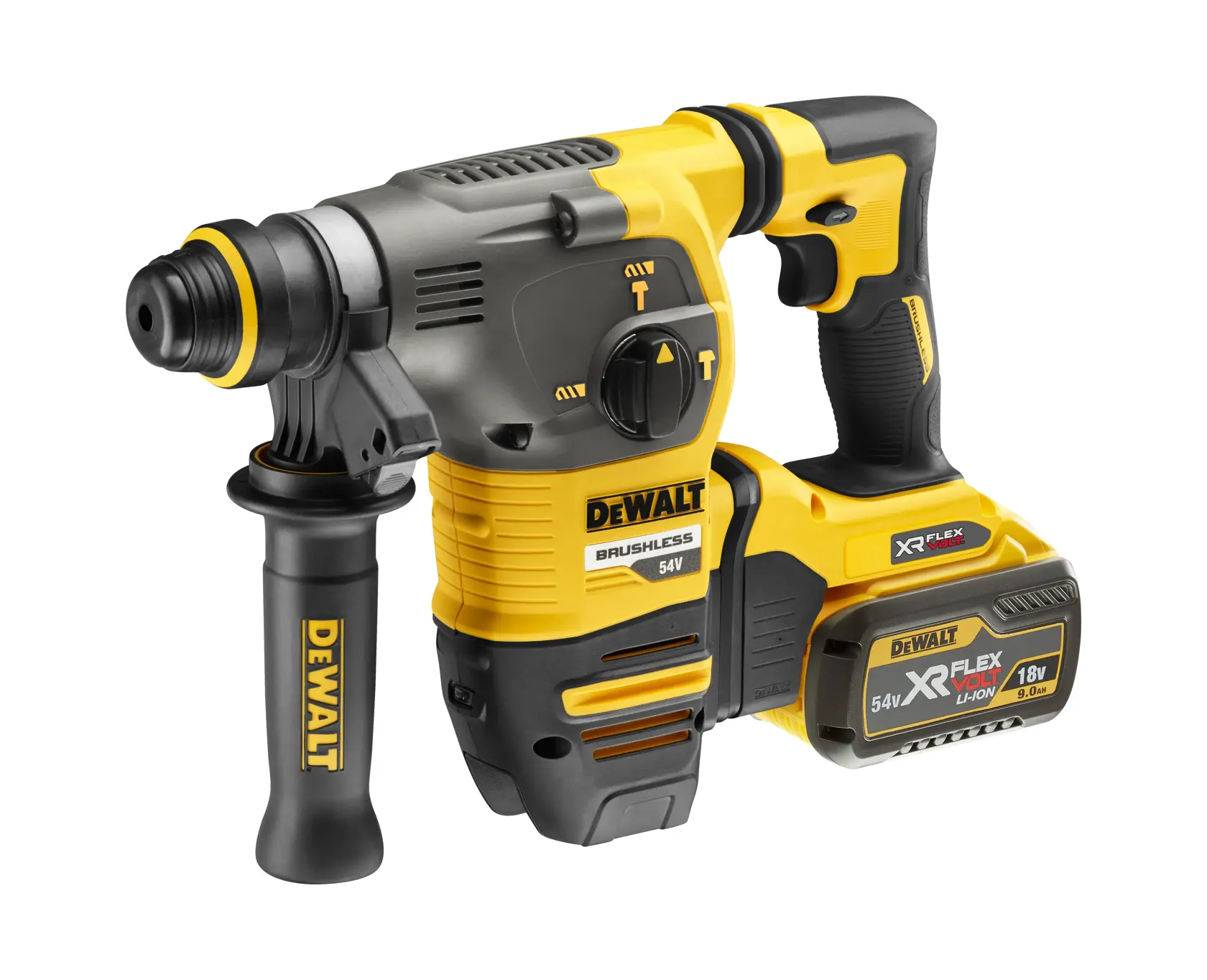 A DEWALT cordless rotary hammer drill with a brushless 54V motor, featuring a side handle and an XR Flexvolt lithium-ion battery pack.