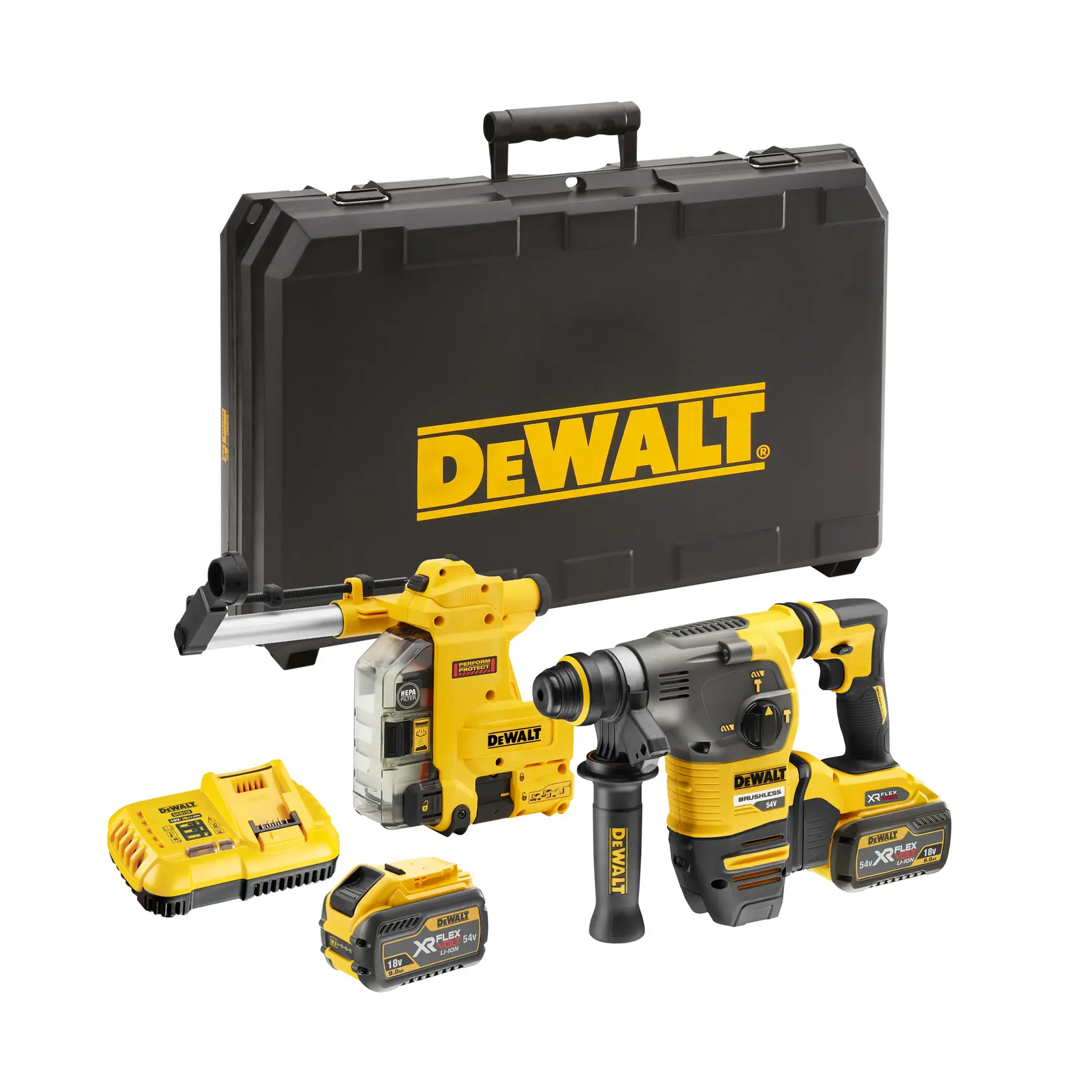 DEWALT cordless rotary hammer kit with batteries, charger, case, and dust extractor attachment.