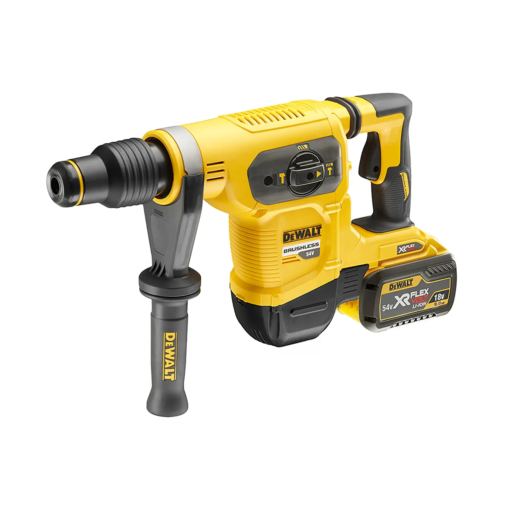 A yellow and black DEWALT cordless rotary hammer drill with a side handle and a detachable XR FLEXVOLT battery, designed for heavy-duty construction and drilling tasks.