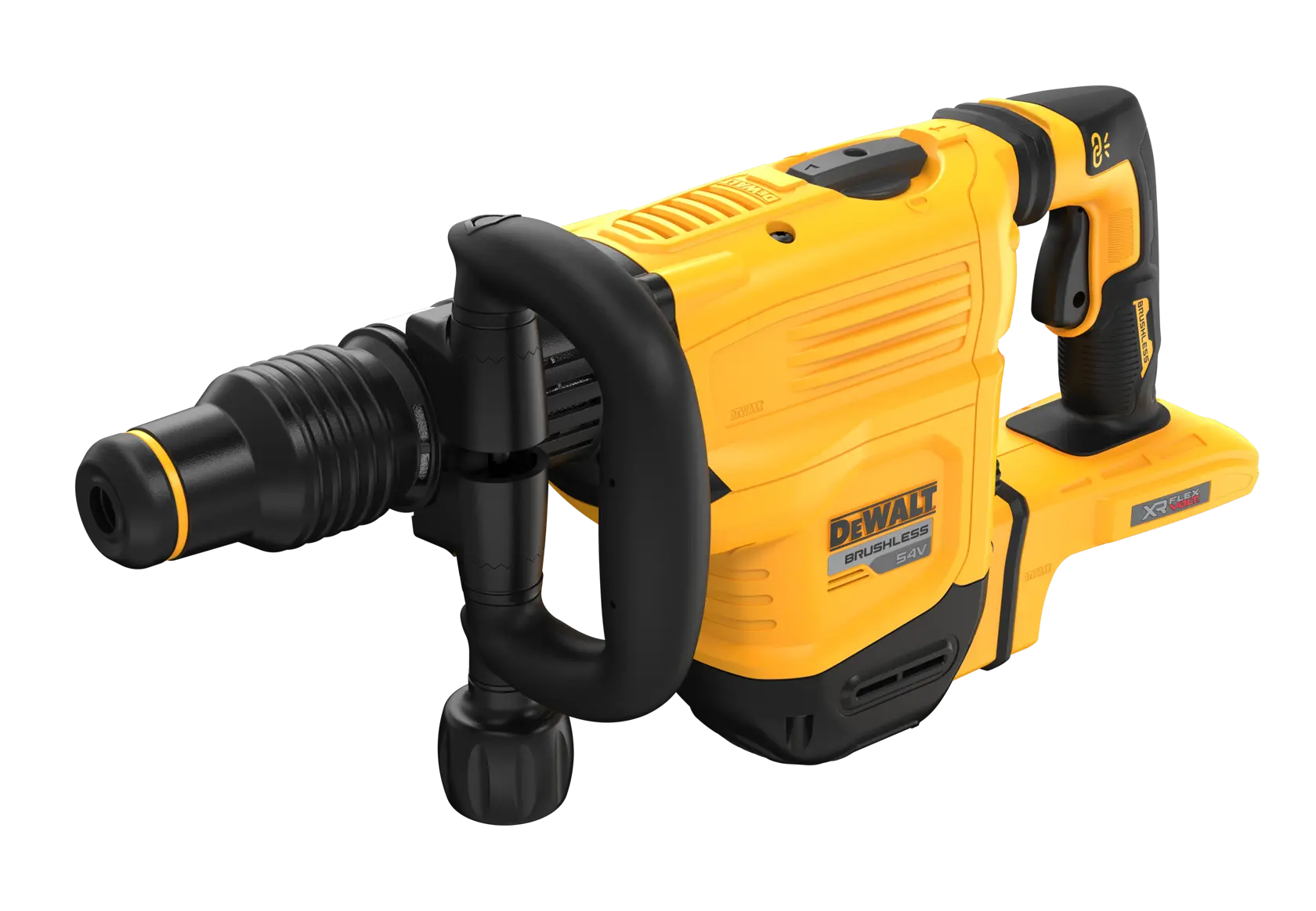 Yellow DEWALT cordless brushless demolition hammer with handles and SDS MAX tool holder.