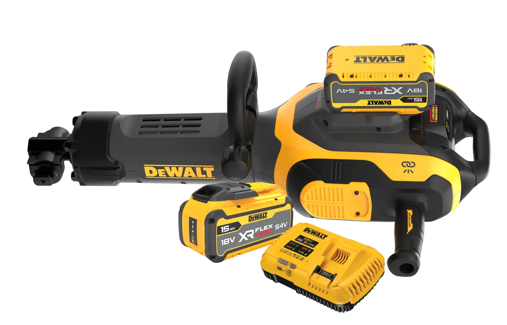 DEWALT cordless power tool kit including a yellow and black rotary hammer, two 18V XR FLEXVOLT batteries, and a battery charger, all branded with DEWALT logos.