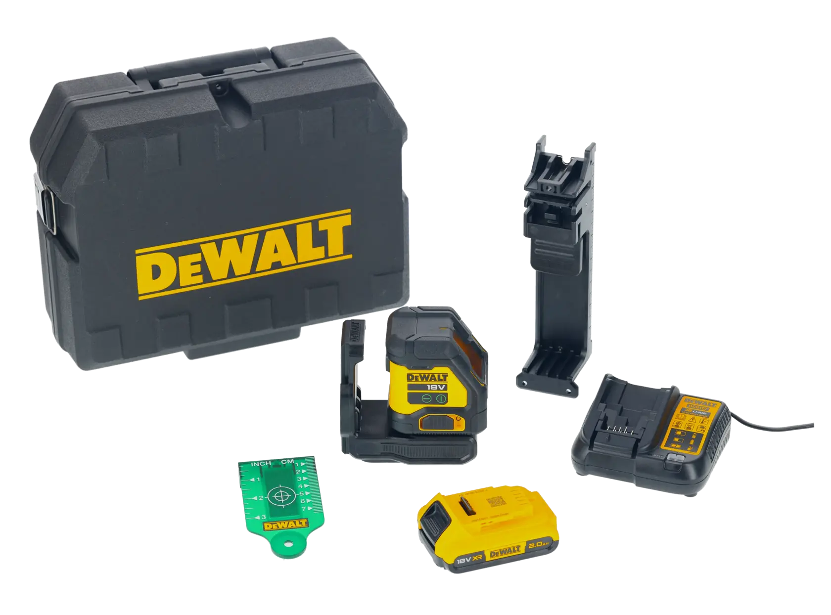 A DEWALT kit including a black hard case with DEWALT logo, a yellow and black laser level, a battery, a charger, a mounting bracket, and a green laser target card, all arranged on a white background.
