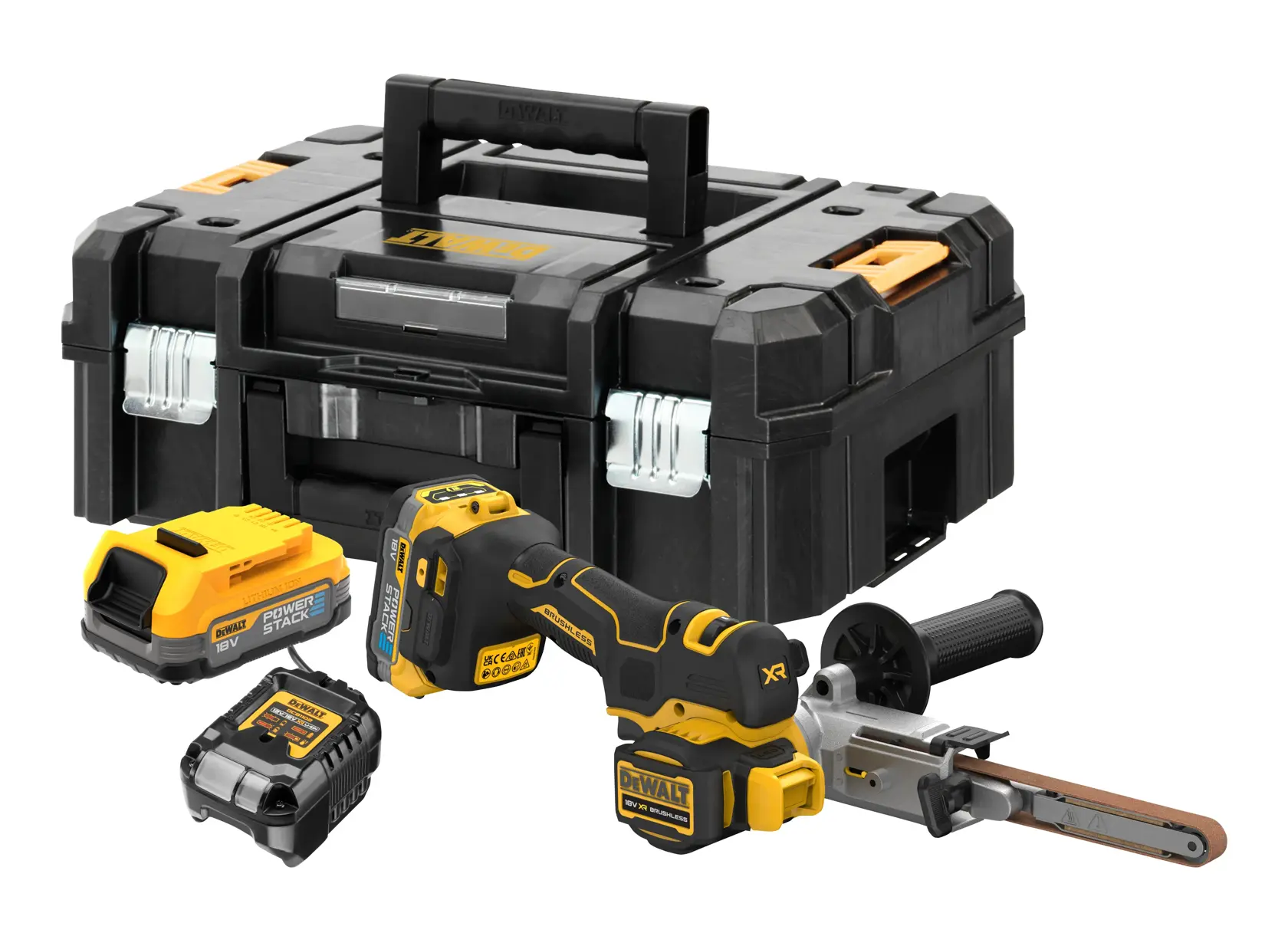 A DEWALT cordless power tool kit including a 18V battery, charger, cordless belt sander, and a black and yellow DEWALT tool case.