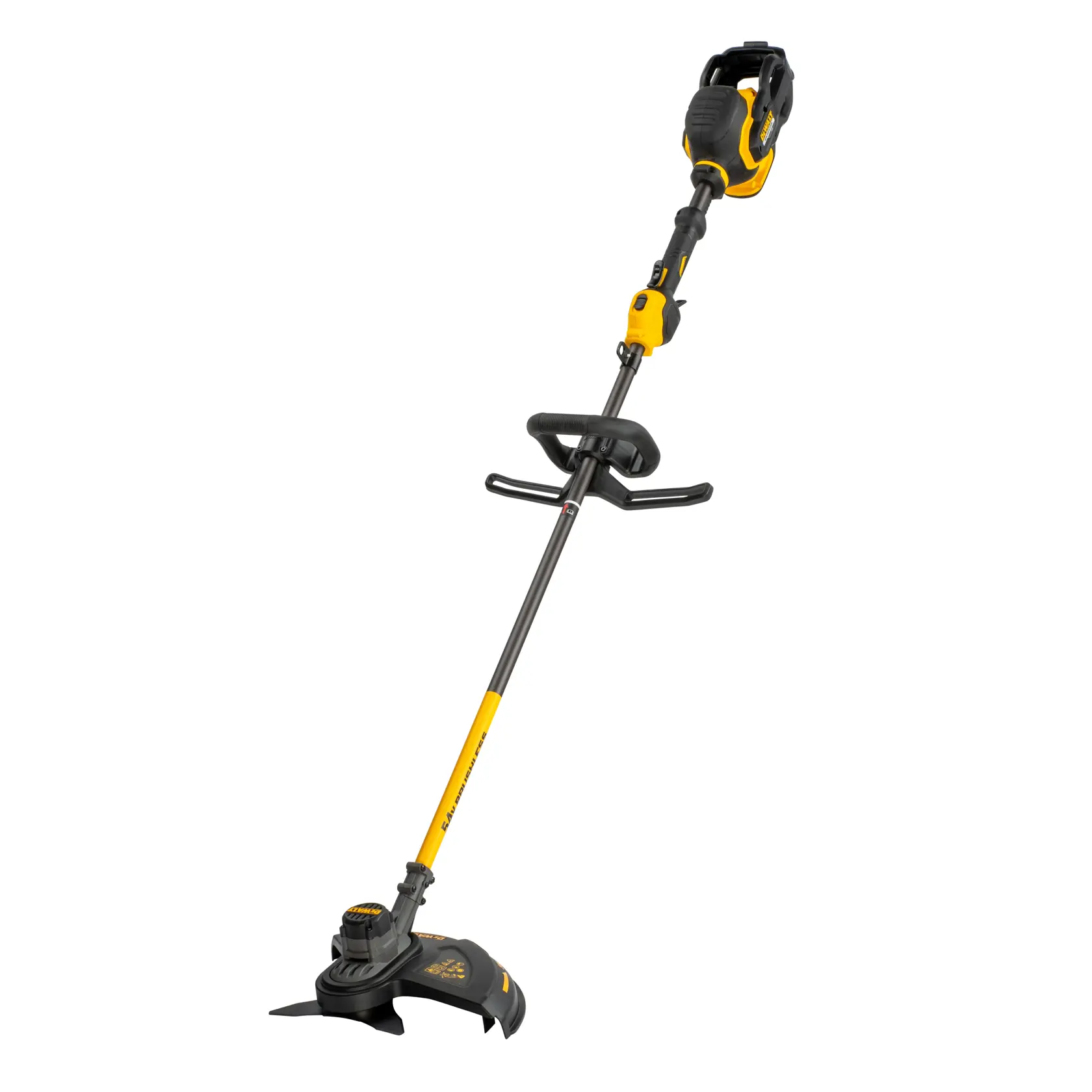 A DEWALT cordless string trimmer with a yellow and black design, featuring a long handle, adjustable grip, and cutting head for trimming grass and edges.