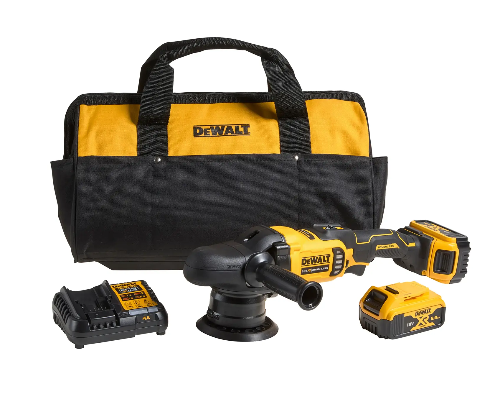 A DEWALT cordless polishing kit including a black and yellow tool bag, a cordless polisher, a battery charger, and a detachable battery, all arranged on a white background.