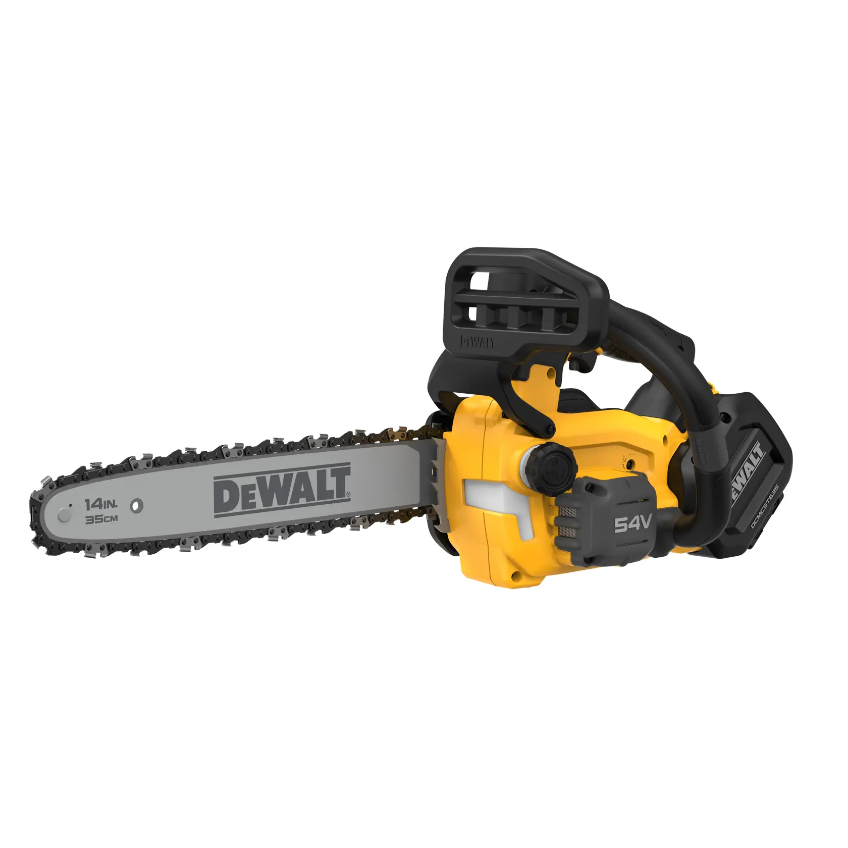 A yellow and black DEWALT 54V cordless chainsaw with a 14 inch (35 cm) blade, shown on a white background.
