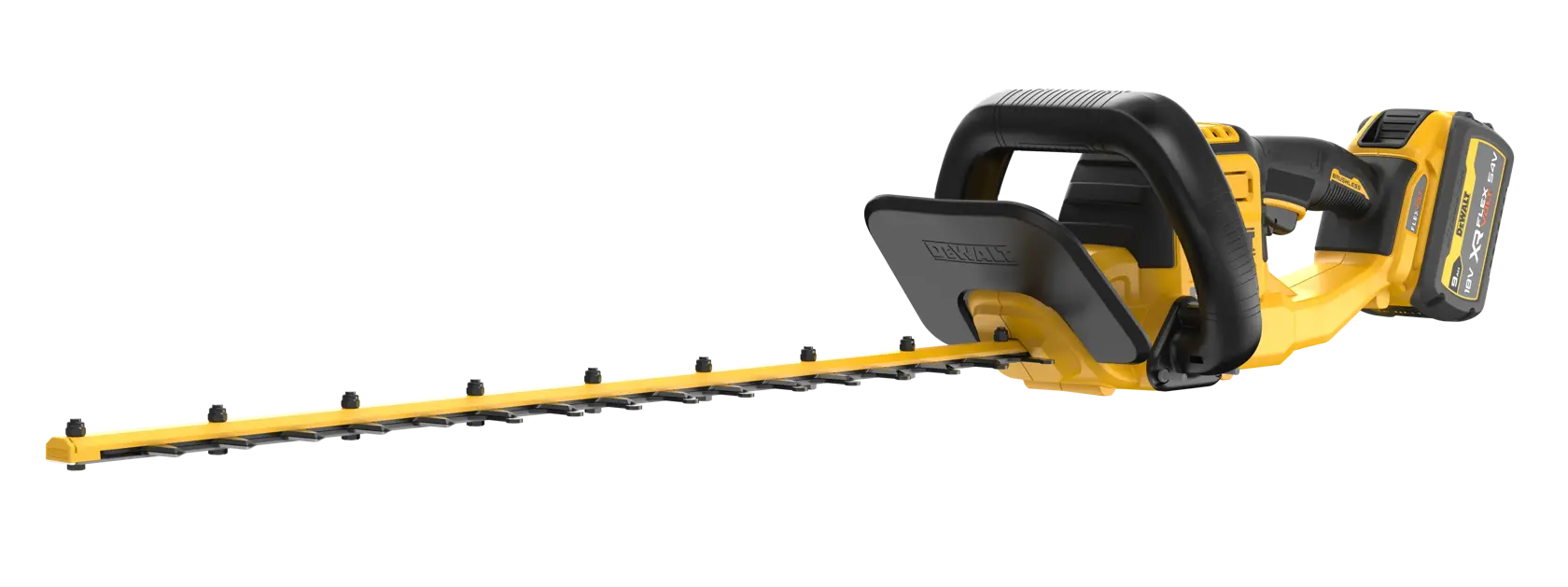 A yellow and black cordless hedge trimmer with a long blade and ergonomic handle, manufactured by DEWALT.