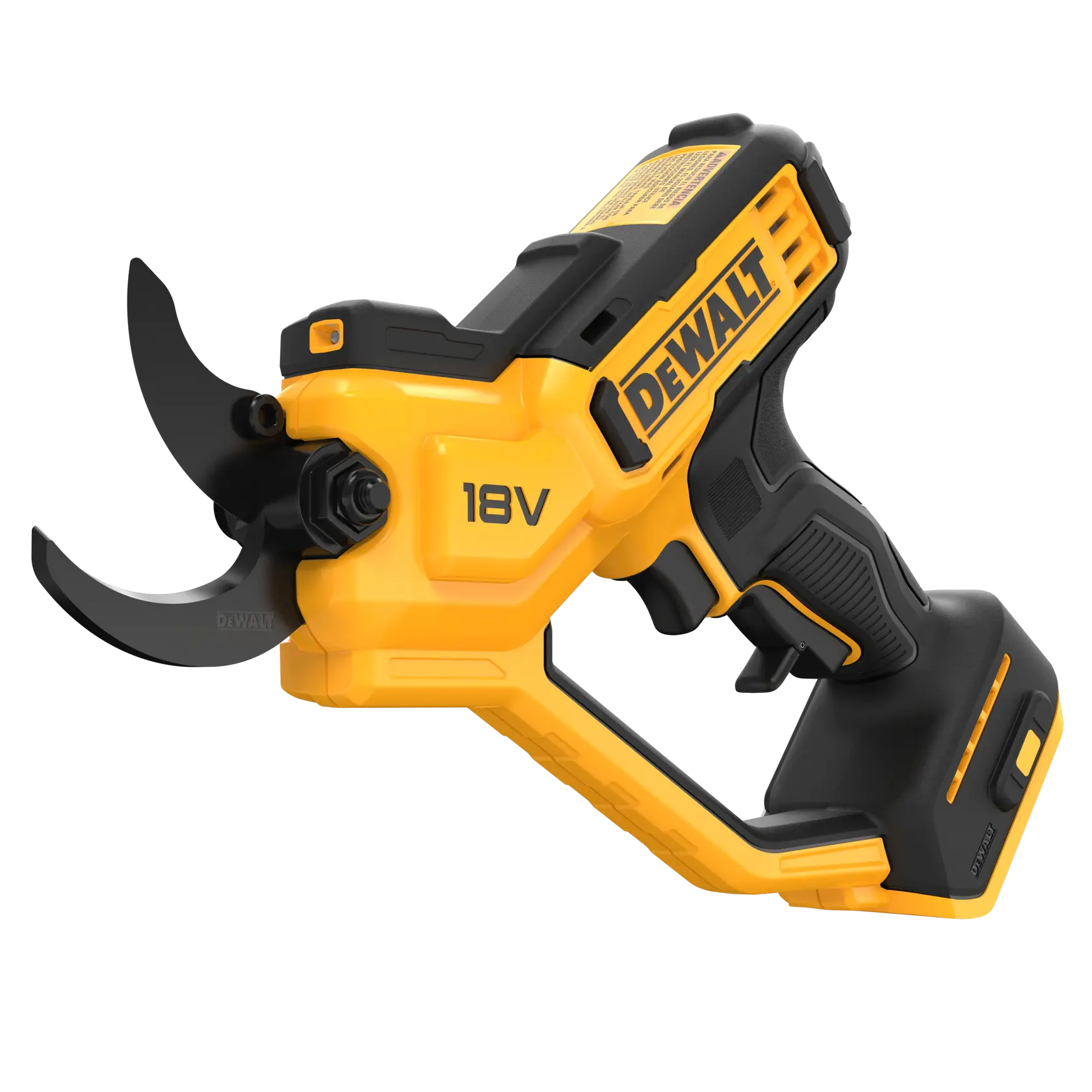 A DEWALT 18V cordless electric pruning shears with a yellow and black design. The tool features curved blades and a comfortable grip handle.