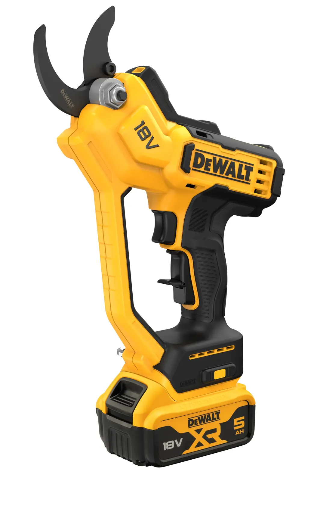A DEWALT 18V cordless electric pruning shear with a yellow and black ergonomic design, featuring a rechargeable battery and a sharp blade for cutting branches.