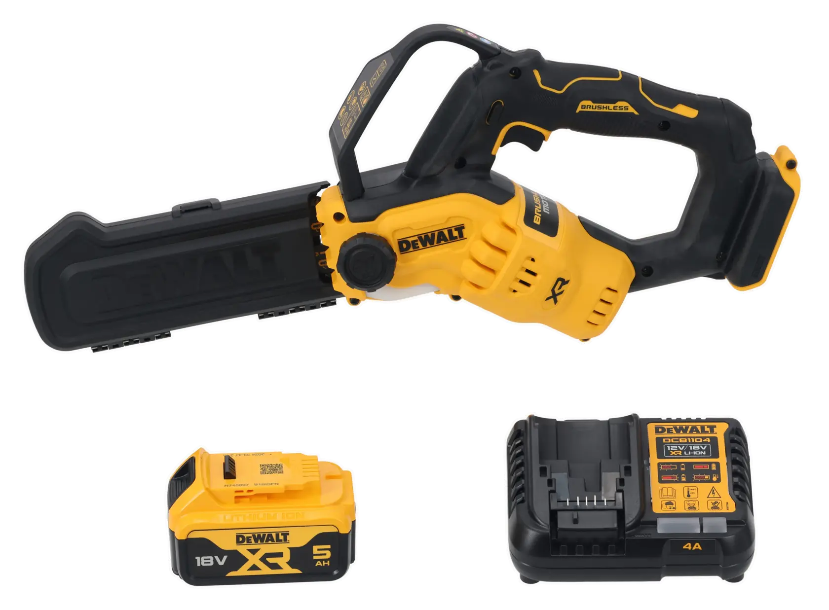 DEWALT cordless pole saw with a yellow and black body, shown with a protective bar cover, an 18V XR 5Ah lithium-ion battery, and a compatible battery charger.