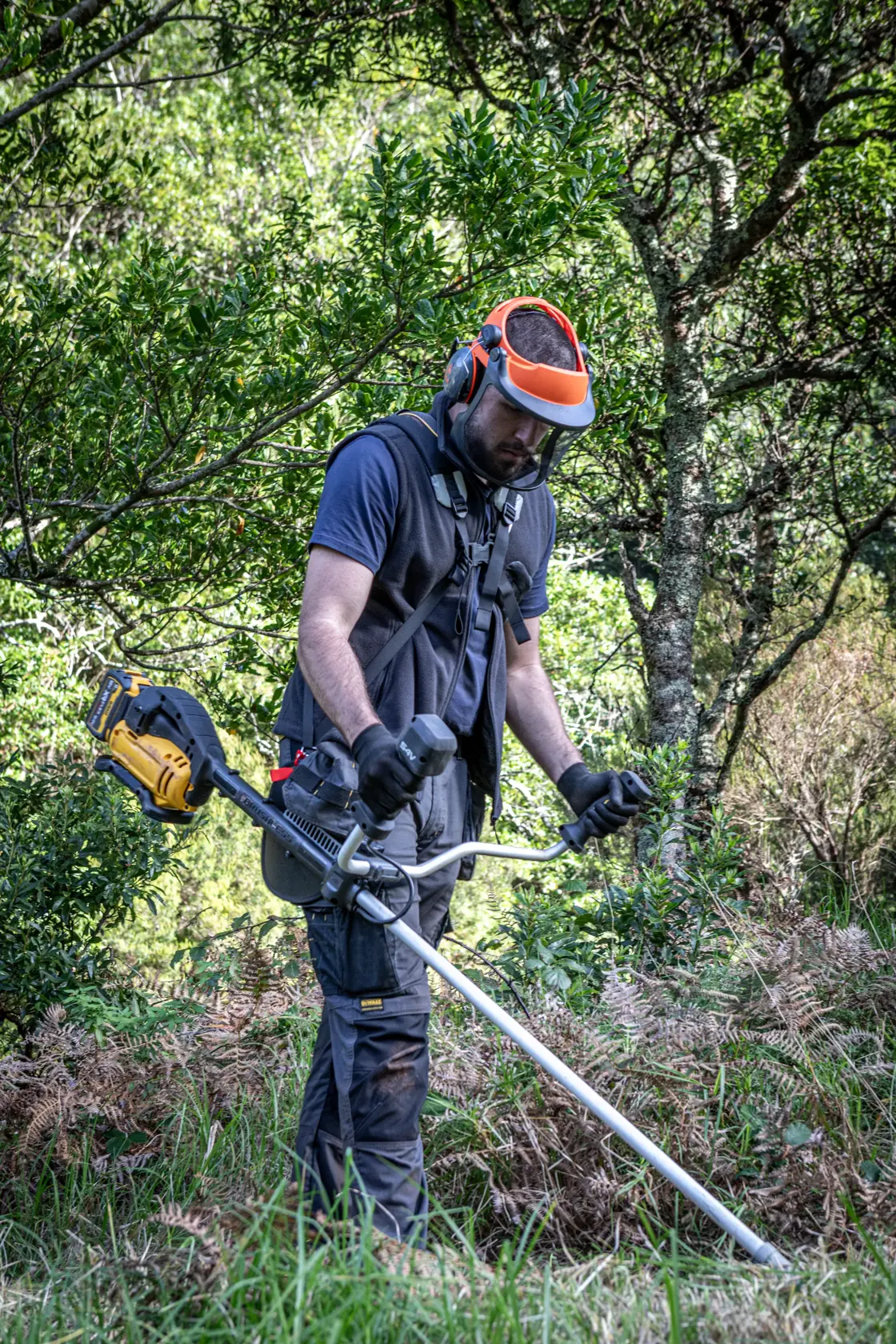 Person using DEWALT grass trimmer, SKUs DCMST922N, DCMST922N-XJ, outdoors in greenery with safety gear.