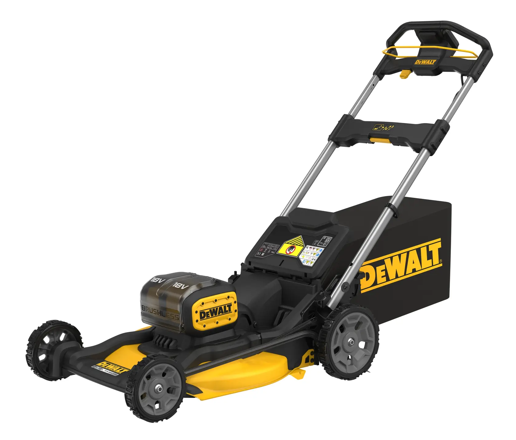 A DEWALT cordless lawn mower with a black and yellow design, featuring a collection box at the rear and sturdy wheels.