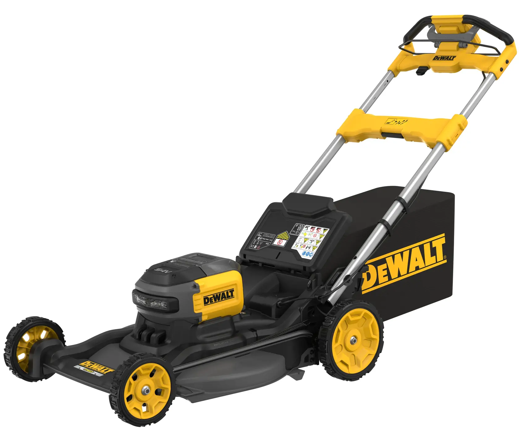 A DEWALT cordless electric lawn mower with yellow and black color scheme, featuring a large grass collection box and a sturdy adjustable handle.