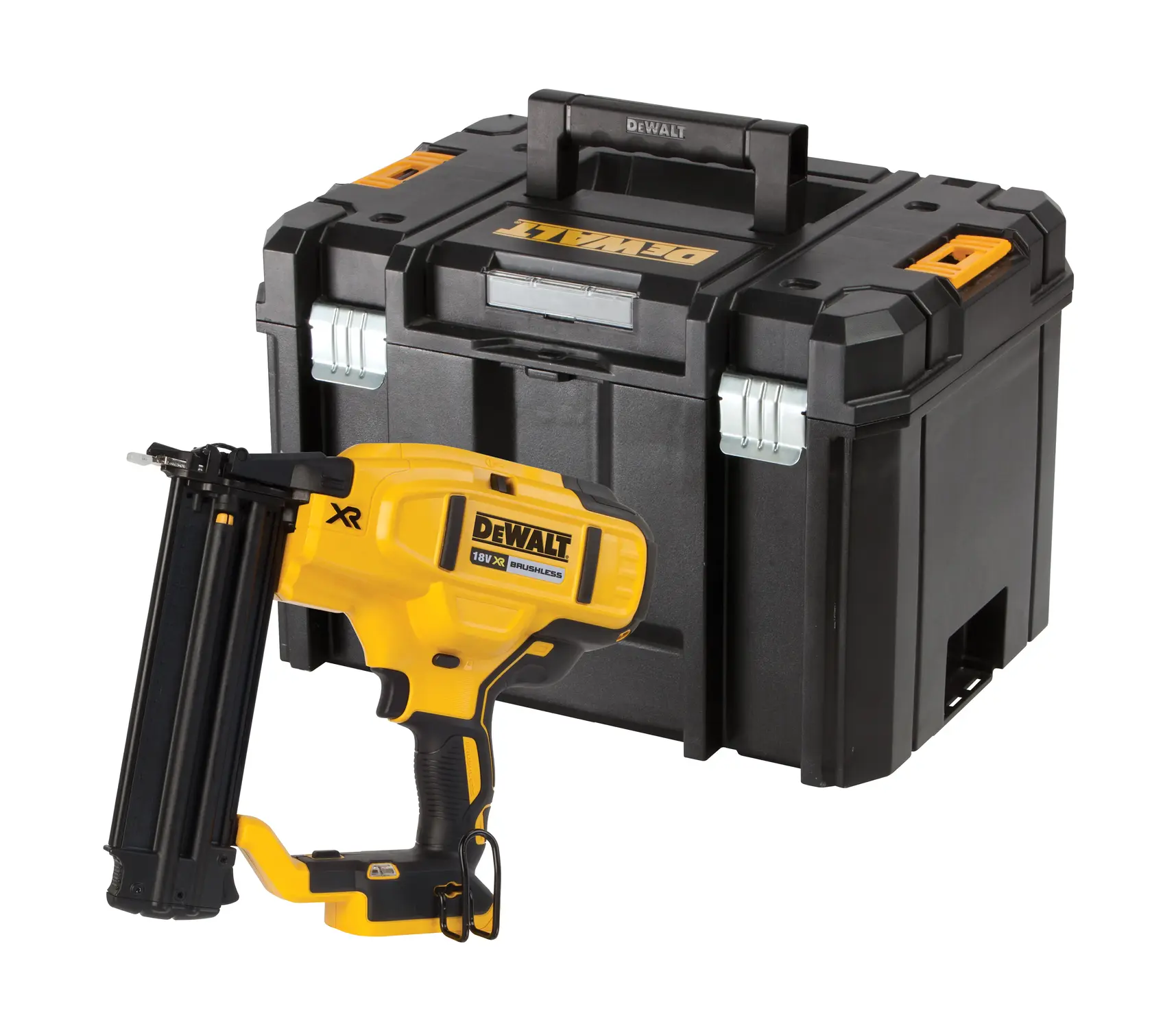DEWALT cordless nailer with a black carry case shown on a white background.