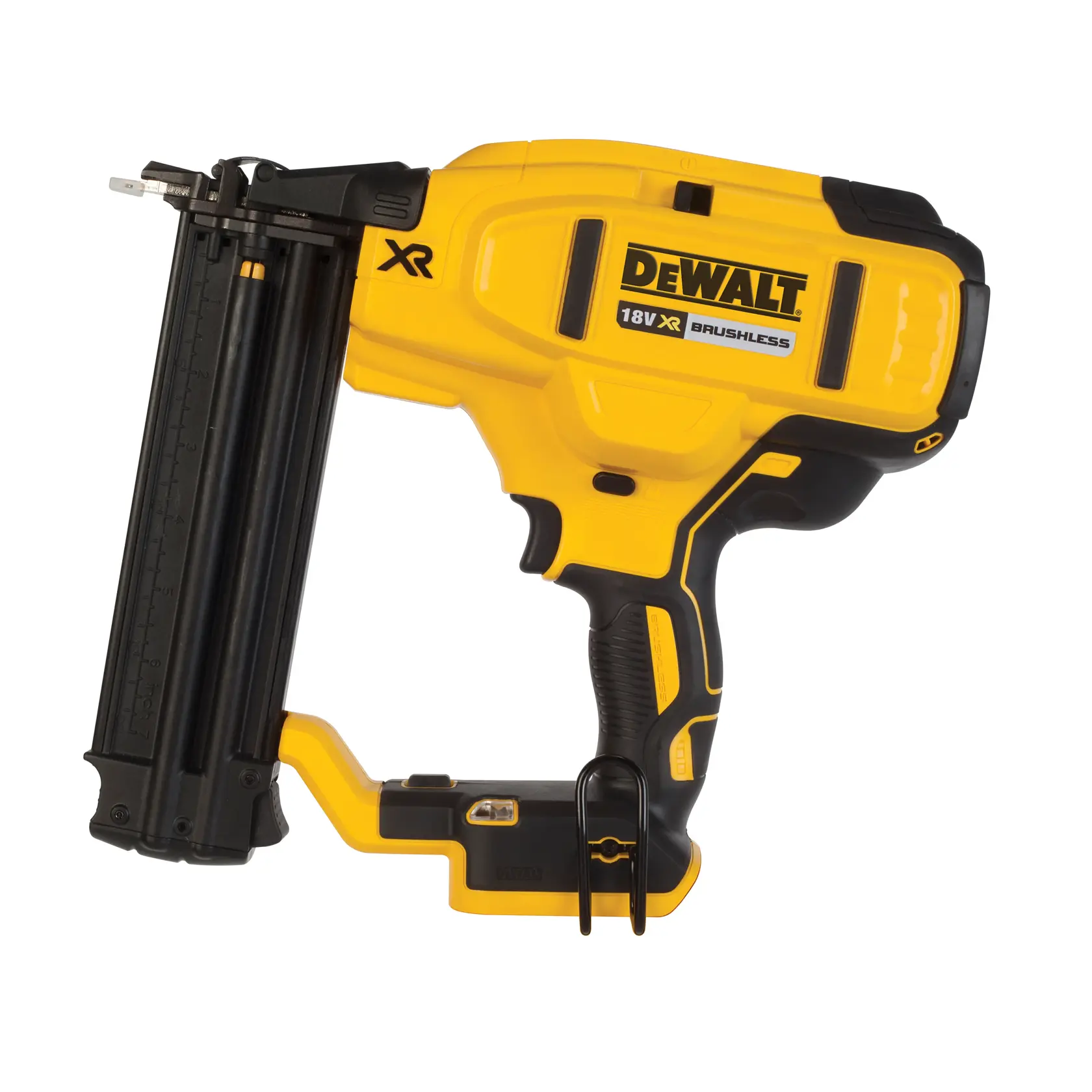 DEWALT 18V XR Brushless nail gun with yellow and black body, side view, tool for fastening nails.