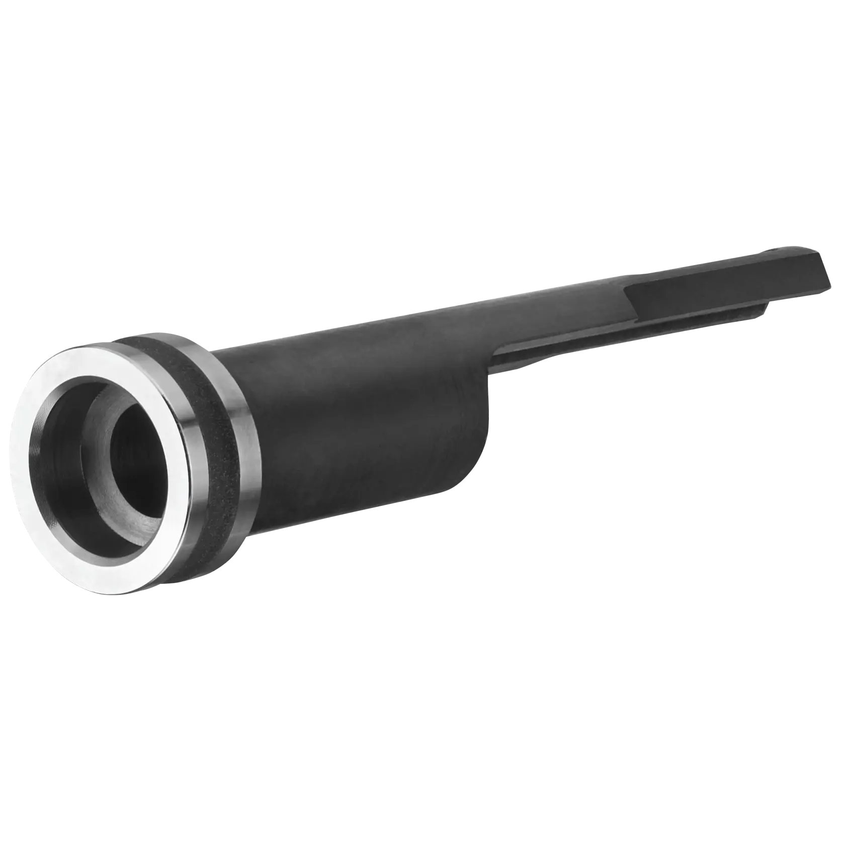 Close-up image of a DEWALT DCN8903 tool accessory, featuring a cylindrical metallic body with a round opening and a flat extension, used for fastening or attachment tasks.