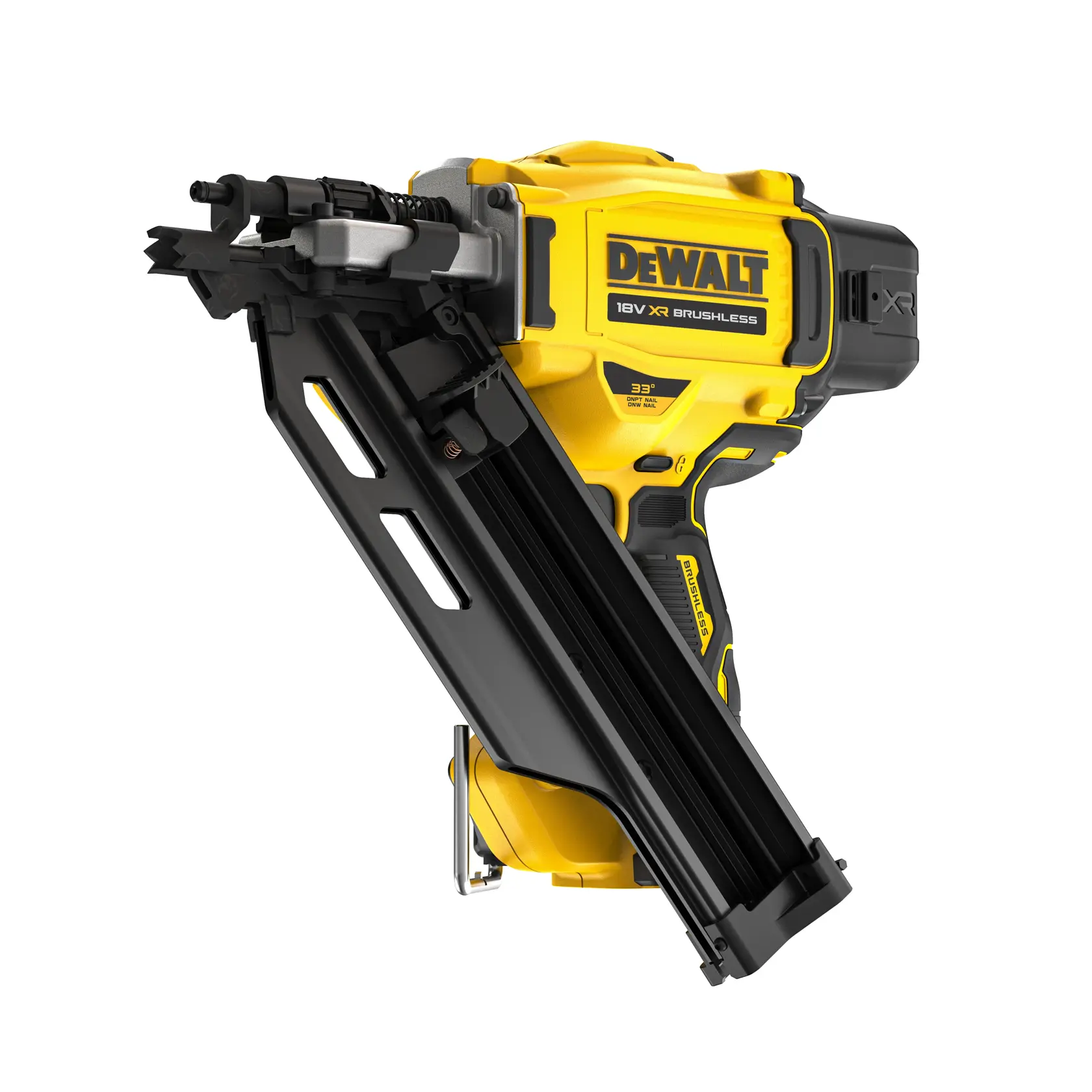 A DEWALT 18V XR cordless brushless nail gun, designed for heavy-duty fastening tasks. The tool is yellow and black, with a metal magazine for holding nails and ergonomic handle for comfortable use.