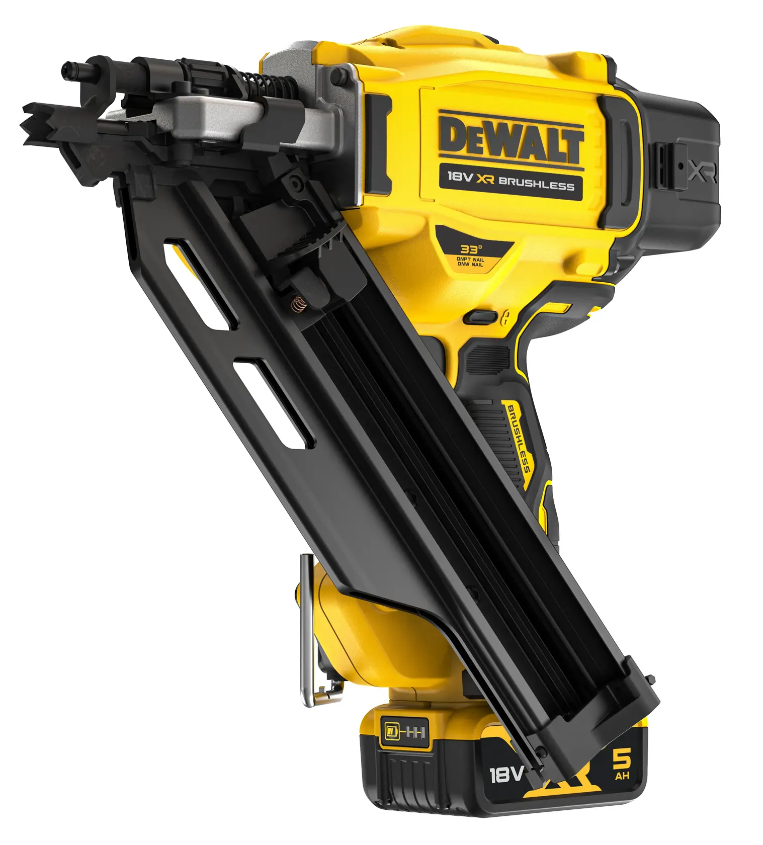 A DEWALT 18V XR brushless cordless nail gun with a yellow and black design, featuring a battery pack at the base and an angled magazine for nails.