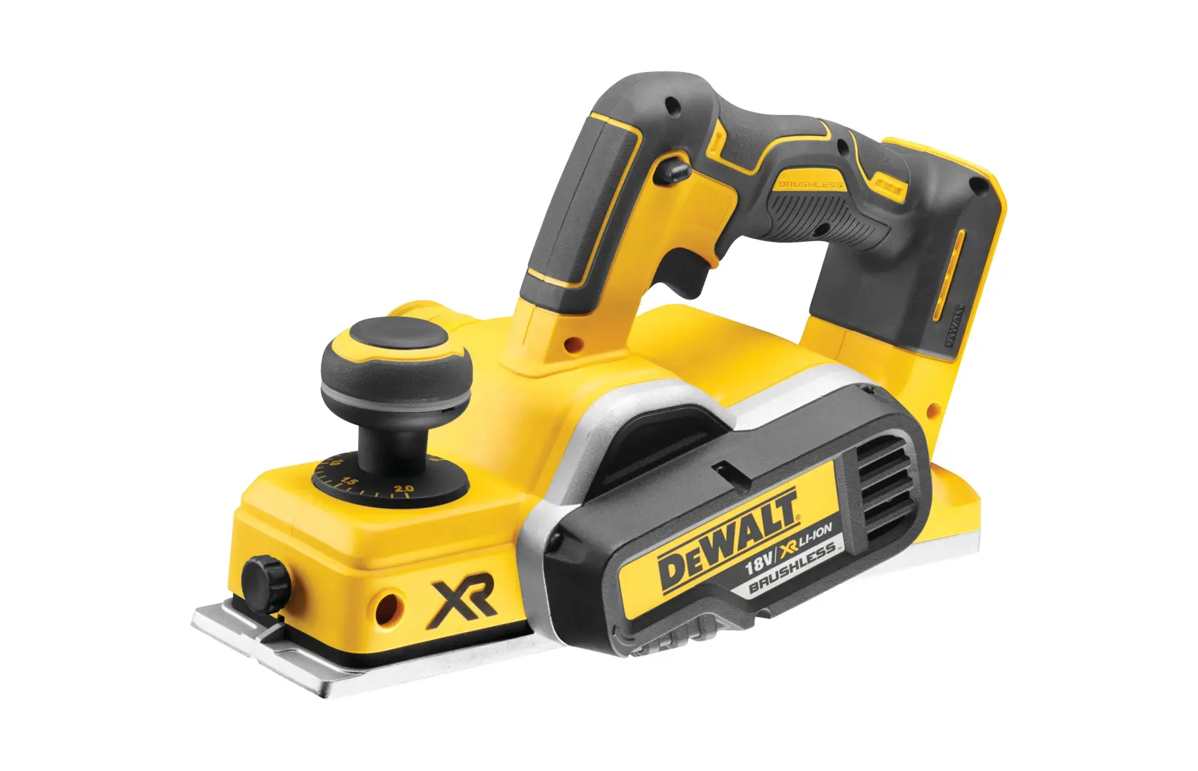 A DEWALT cordless planer tool, model DCP580N-XE, with a yellow and black design, featuring an ergonomic handle and adjustment knob, suitable for woodworking tasks.