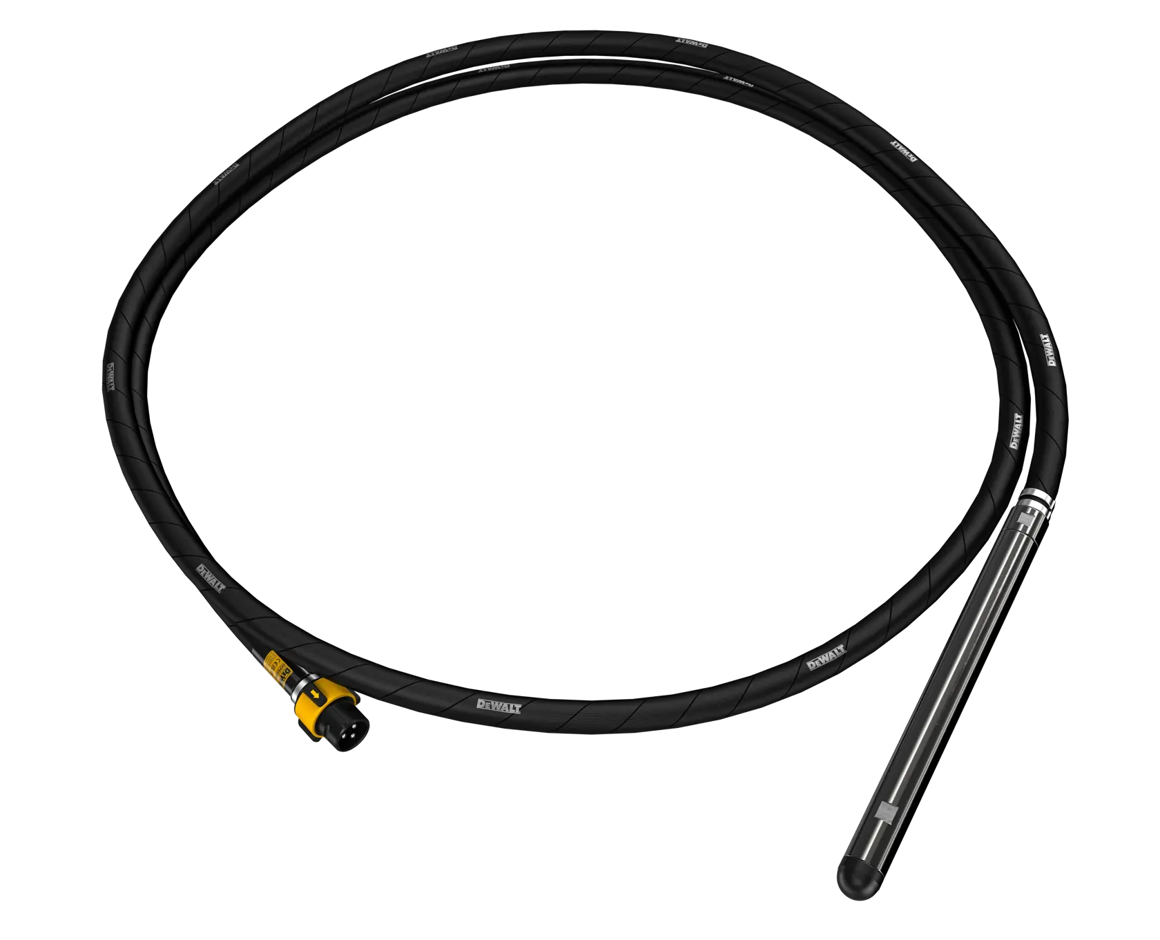 A DEWALT concrete vibrator with a long black flexible shaft, featuring a yellow connector and a cylindrical vibrating head, shown coiled on a white background.
