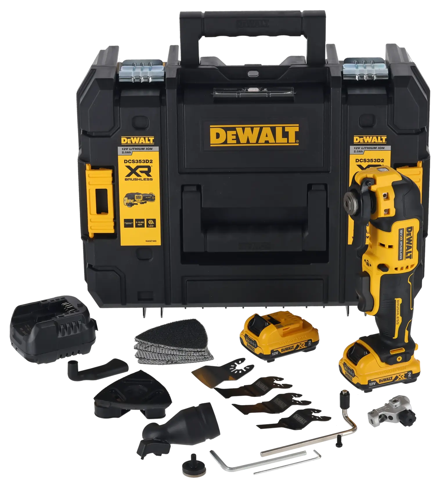 DEWALT DCS353D2 cordless oscillating multi-tool kit featuring a black and yellow carry case, the main multi-tool device, two batteries, a charger, sanding pads, various attachments, and accessories arranged in front of the case.