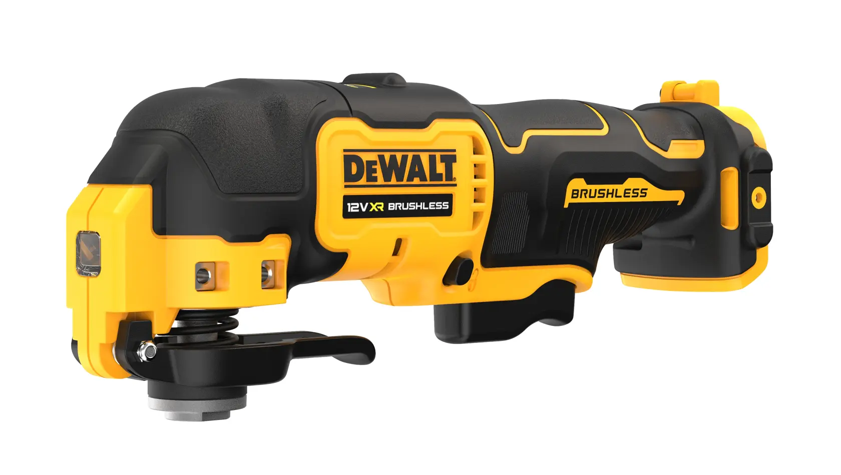 A DEWALT branded cordless oscillating multi-tool, featuring a 12V XR brushless motor. The tool is predominantly yellow and black, with the DEWALT logo and model details shown clearly on the side.