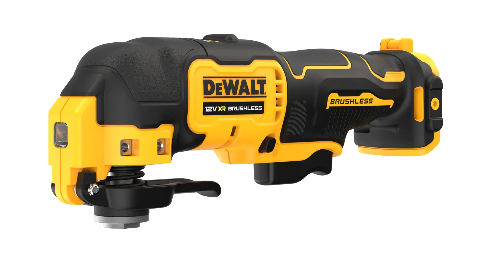 A DEWALT 12V XR brushless oscillating multi-tool with a black and yellow design, shown from the side.