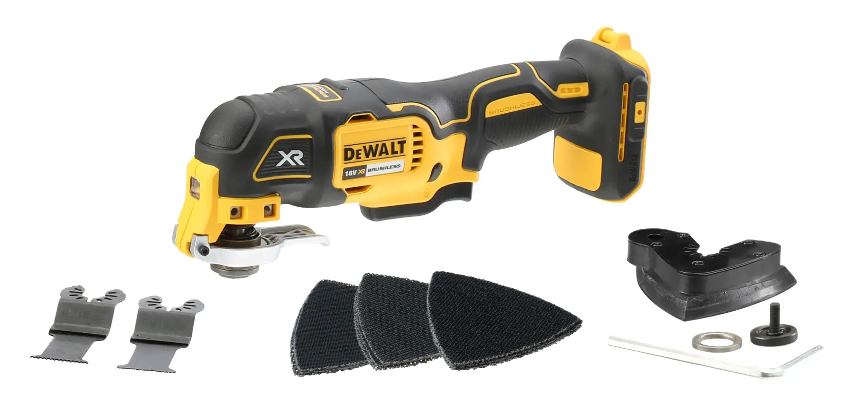 Cordless DEWALT oscillating multi-tool kit, including attachments and accessories such as blades, sanding pads, and other parts, displayed on a white background.