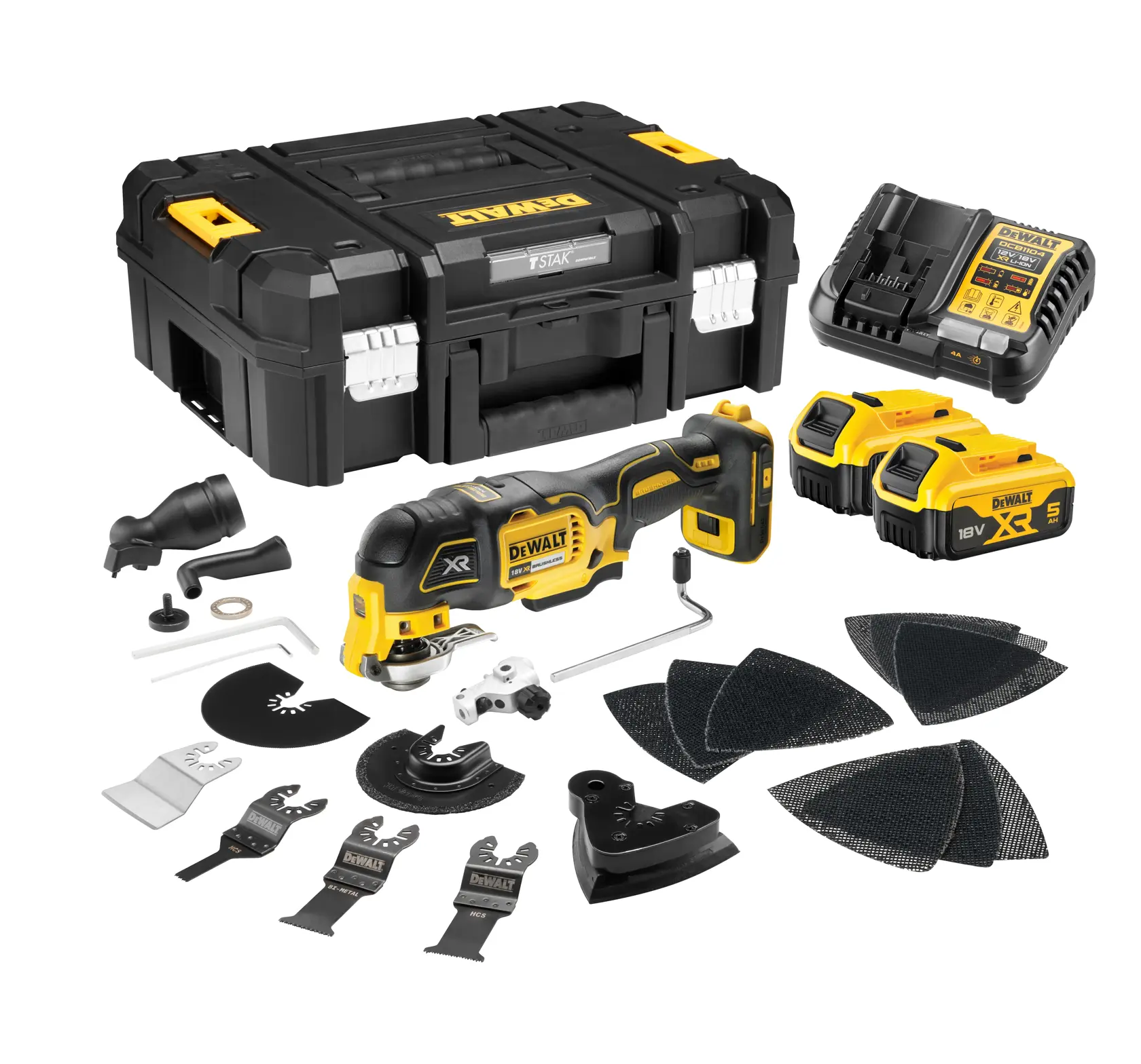 DEWALT DCS356P2 cordless multi-tool set including tool, accessories, sanding pads, two 18V batteries, charger, and black and yellow storage case.