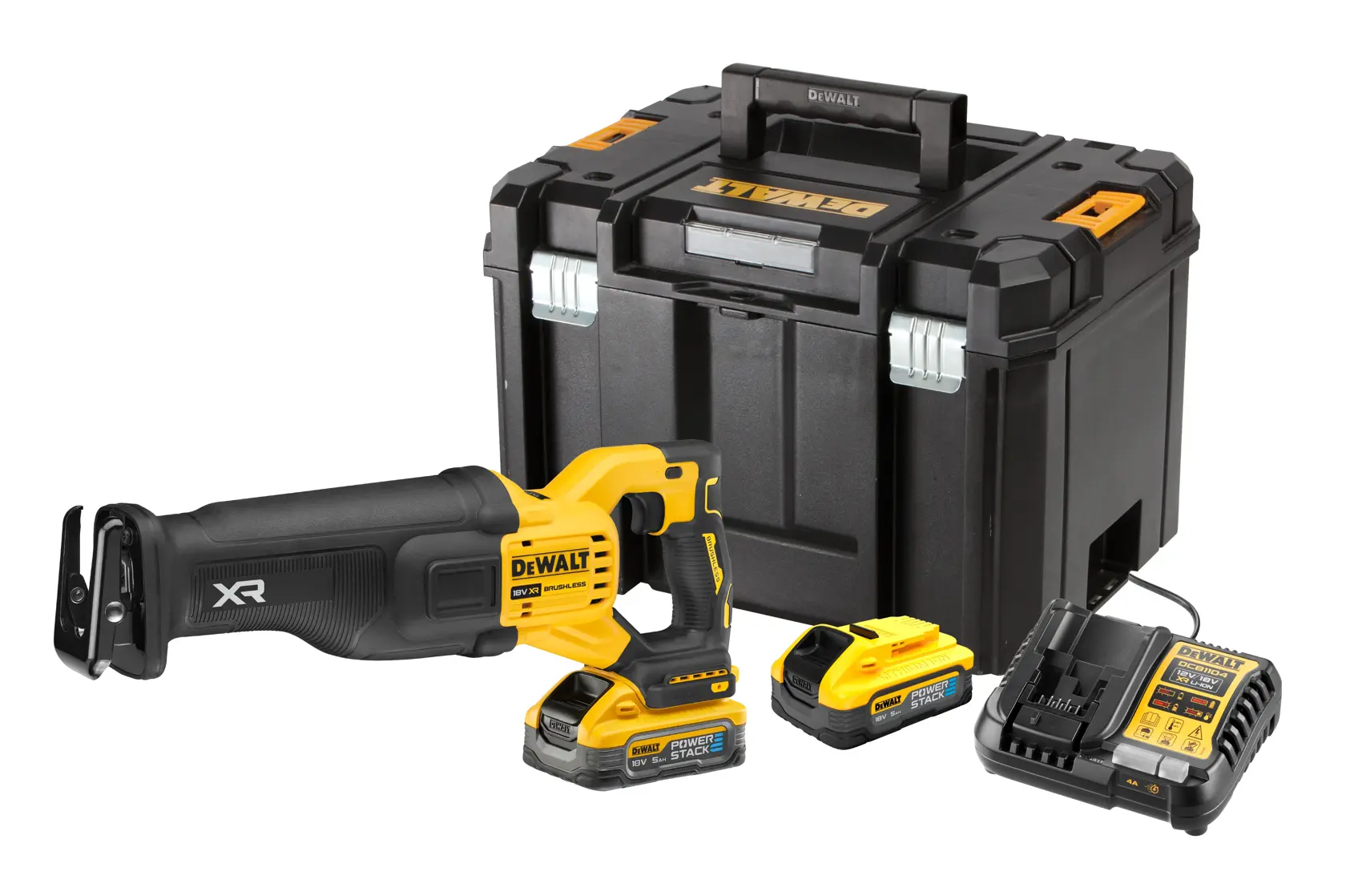 18V XR Brushless reciprocating saw, Powerstack battery, charger and Tstak case on white background