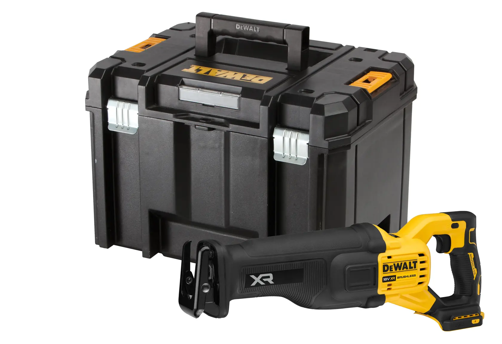 A DEWALT cordless reciprocating saw with a black and yellow design, displayed in front of a black DEWALT carrying case with orange and silver accents.