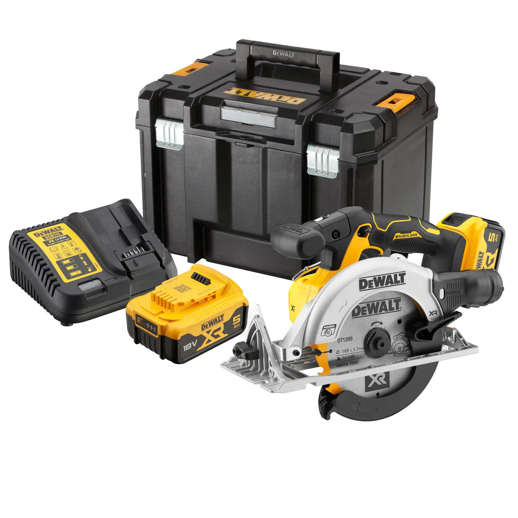 DEWALT cordless circular saw set, including a circular saw, charger, battery, and a sturdy black storage case.
