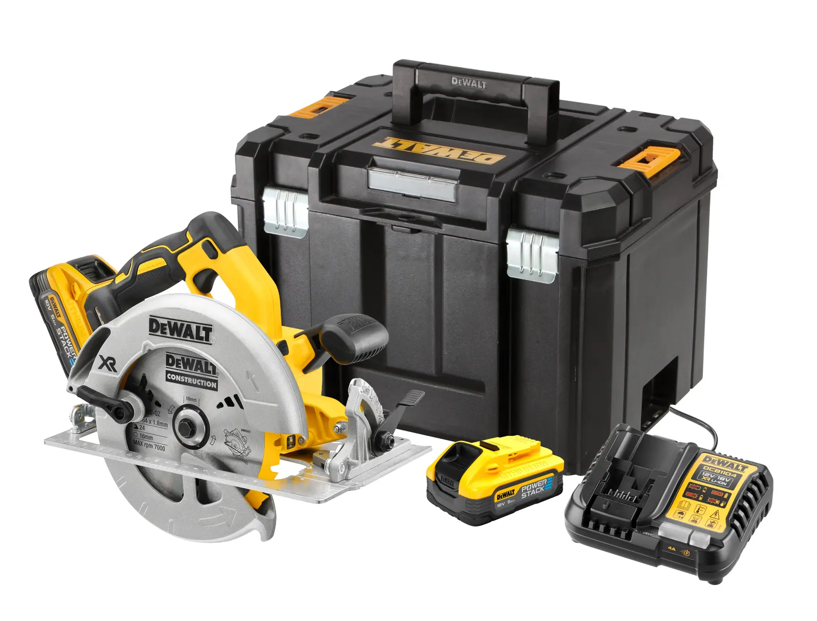 18V XR Brushless Circular Saw, Powerstack battery, charger and Tstak case on white background