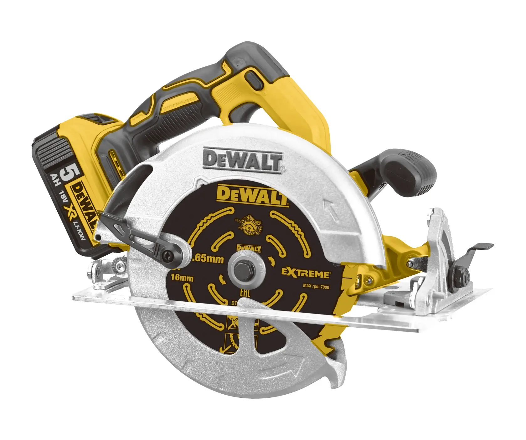 A DEWALT DCS570P2 cordless circular saw with yellow and black design, featuring a 5.0Ah 18V XR Lithium-Ion battery and a metal blade guard.