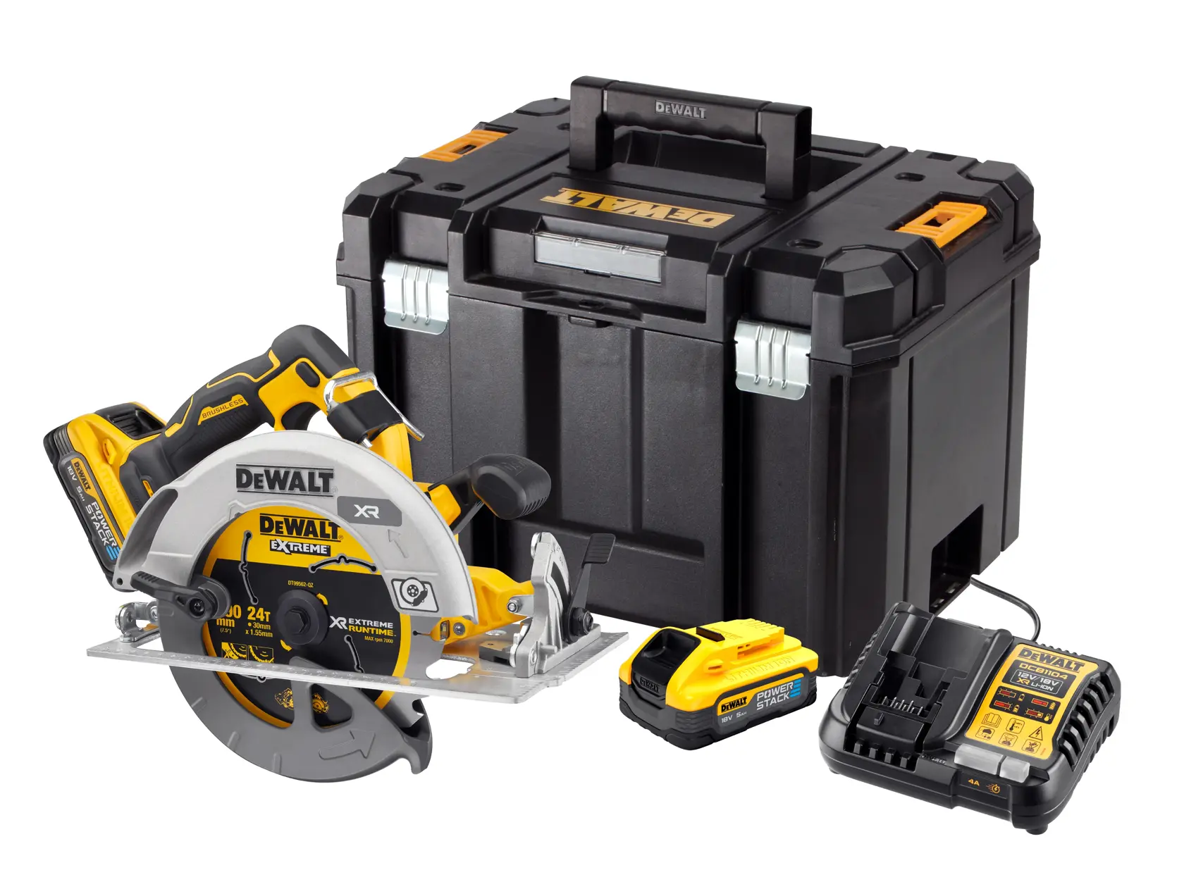 18V XR Brushless Circular Saw, Powerstack battery, charger and Tstak case on white background