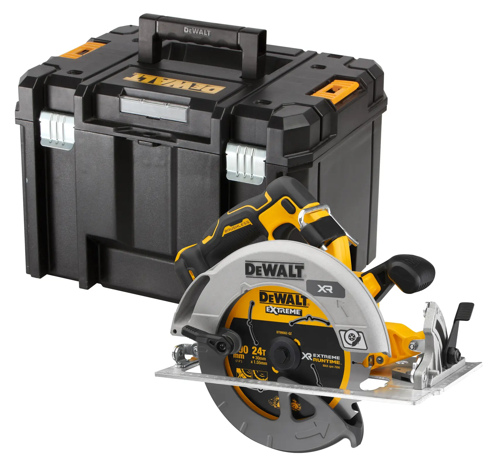 A DEWALT cordless circular saw with a silver blade, yellow and black handle, and a black sturdy carrying case placed behind it.