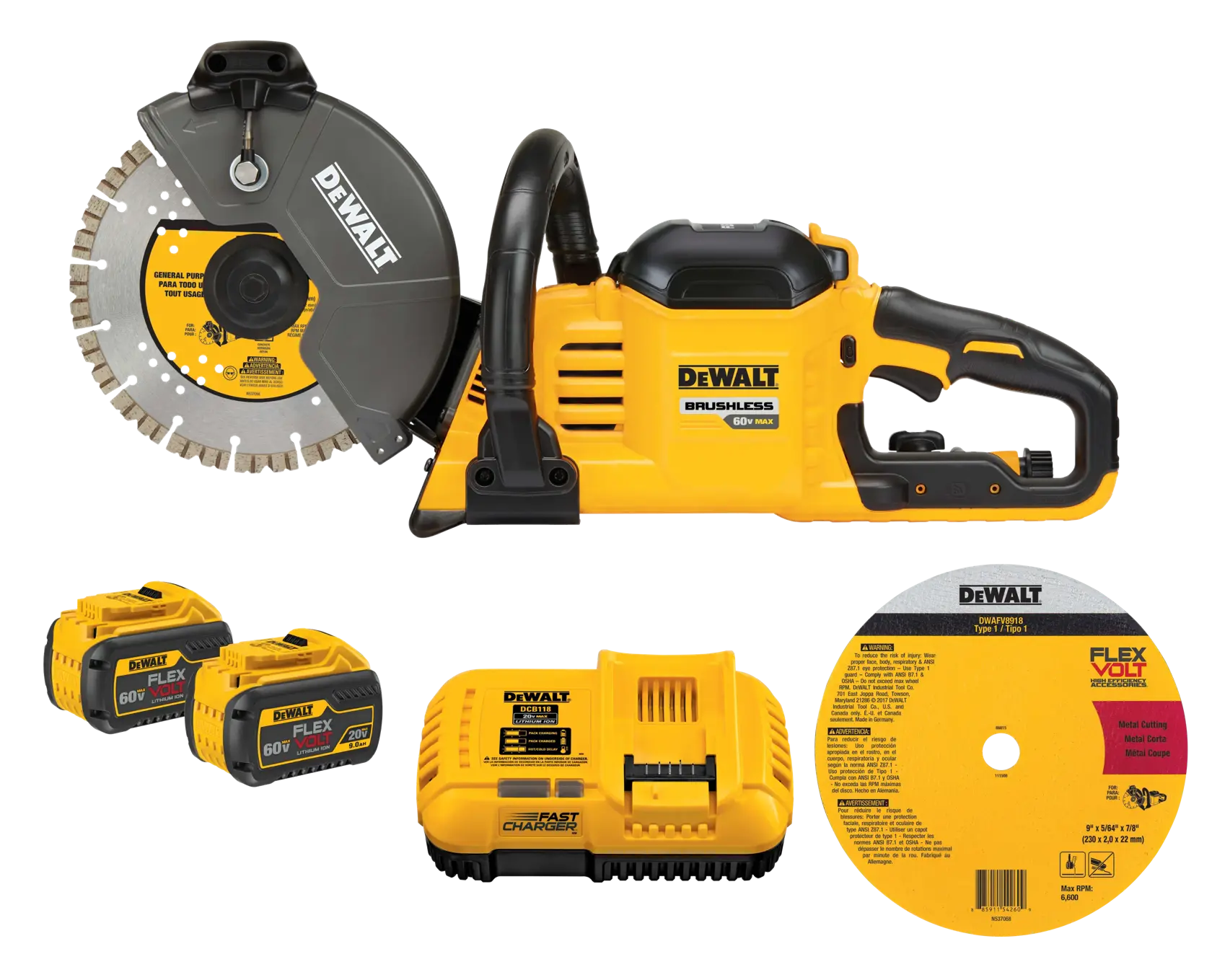 DEWALT cordless brushless cut-off saw kit, including the yellow and black saw with handle, two FLEXVOLT batteries, a fast charger, and two different cutting blades.